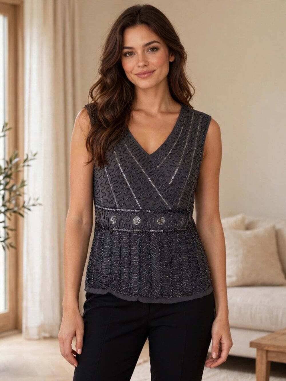 Beta's Choice Beaded Sequin Top L- XL Charcoal Grey V-Neck Evening Party